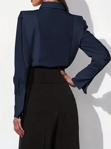 ELVA Women's French Loose Casual Solid Color Long Sleeve Shirt, Business Interview Commute Relaxed Simple Elegant Mature Style, Suitable For Winter, Spring, Summer, Autumn Seasons, Valentine's Day, New Year - Navy Blue - View 4