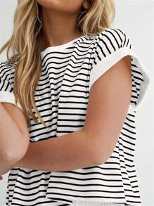 2 Piece Lounge Set For Women Striped Knit Short Sleeve Tee Shirts Shorts Sets Casual Summer Loungewear Matching Sets - trắng - Xem 4