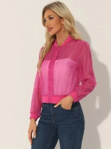 Women's Mesh Sheer Jacket See Through Long Sleeve Zip Up Bomber Jacket - Hot Pink - View 4