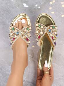 French Style Gold Flat Sandals, New Handmade Colorful Rhinestones T-Strap Beach Slippers