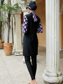 Women Muslim Swimwear Islamic Modest Swimsuit 3 Pieces Full Cover Hijab Long Sleeve Burkini Top Dress + Pants - Black - View 6