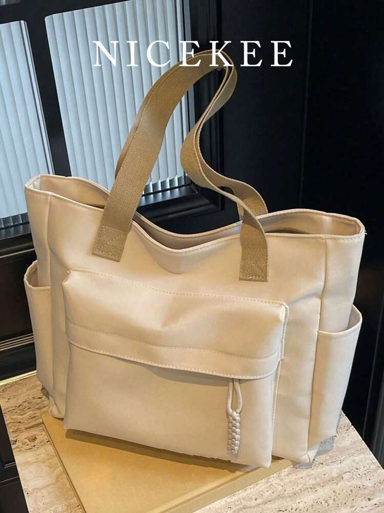 Sac à bandoulière rétro, à la mode et tendance, sac en tissu de grande capacité de couleur unie, sac fourre-tout polyvalent pour les déplacements, sac de loisirs polyvalent convenant aux étudiants, aux cours, au travail, aux mamans qui se déplacent, à la sortie