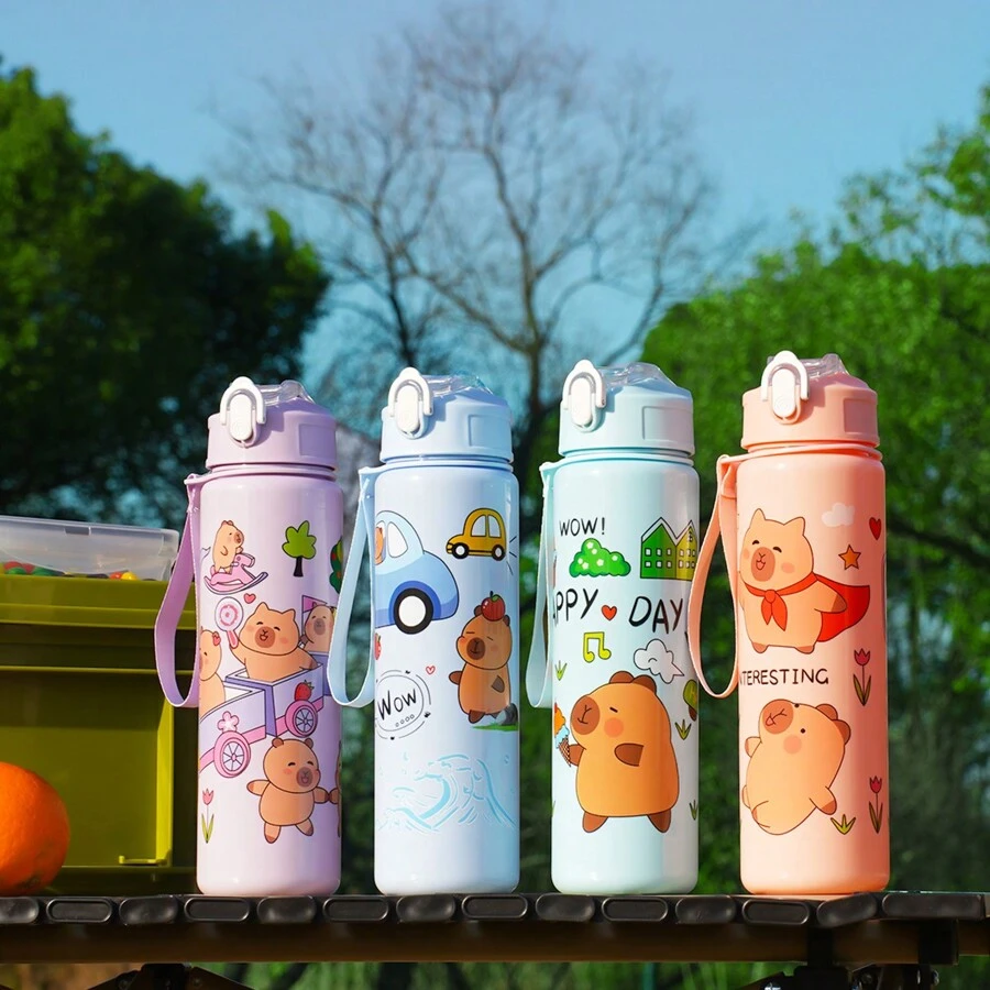 1pc 700ml/23OZ Cute Cartoon Capybara Themed Outdoor Casual Sports Water Bottle With Straw And Cup Lid, Leak-Proof, Shockproof, With Woven Handle Strap, Portable For Outdoor Camping, School, Holiday Gifts, Birthday Presents