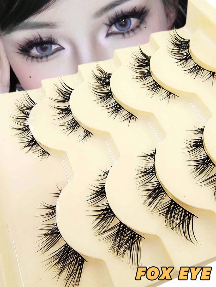 Asiteo 5 Pairs Natural Cluster False Eyelashes, Lightweight Cartoon Style Fox Eye False Eyelash Strips, Black Short Soft Handle Anime Cat Eye False Eyelashes - 眼尾拉長款 - 查看 1