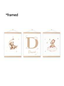 3 Stück Rahmenlose / Holzrahmen personalisierte Namenskunst Cartoon Bär Leinwandposter Mond Sterne Hintergrund Hängende Bilder Boho Wandkunst Mädchen Schlafzimmer Kinderzimmer Babyzimmer Wanddekoration Geschenk, Valentinstag, Valentinstag Dekoration, schimmelbeständig, stilvoll, niedlich, farbenfrohe Personalisierung, einzigartig, ideale Geschenke für sie, Freunde, Sohn, Tochter, Schüler, Mitarbeiter, Kinder Schule, Zuhause, Büro Abschluss, gemütlicher Sommer