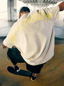 INFLATION 蝙蝠袖印花 T 恤，美国街头时尚品牌，宽松短袖上衣，2025 年春夏 - 卡其色 - 查看 1