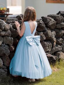 Tween Girls' Blue Backless Dress With Large Bow Decor, Mesh Patchwork Summer Maxi Gown