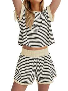 2025 Spring And Summer Matching Set | Retro Stripe Graphic Crop Top + Ribbed Shorts, Women's Y2K Streetwear 2 Piece Outfits - Màu be - Xem 1