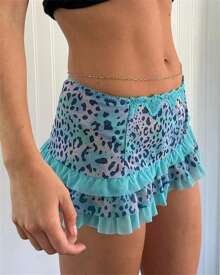 Women Low Waisted Leopard Print Mini Skirt Sexy Ruffle Lace Edge Mini Skirt Skorts - 藍色 - 查看 5