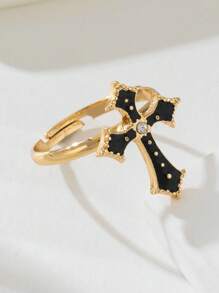 1pc Original  Faith Cross-Shaped Ring With Metal Inlay And Rhinestone Opening Design