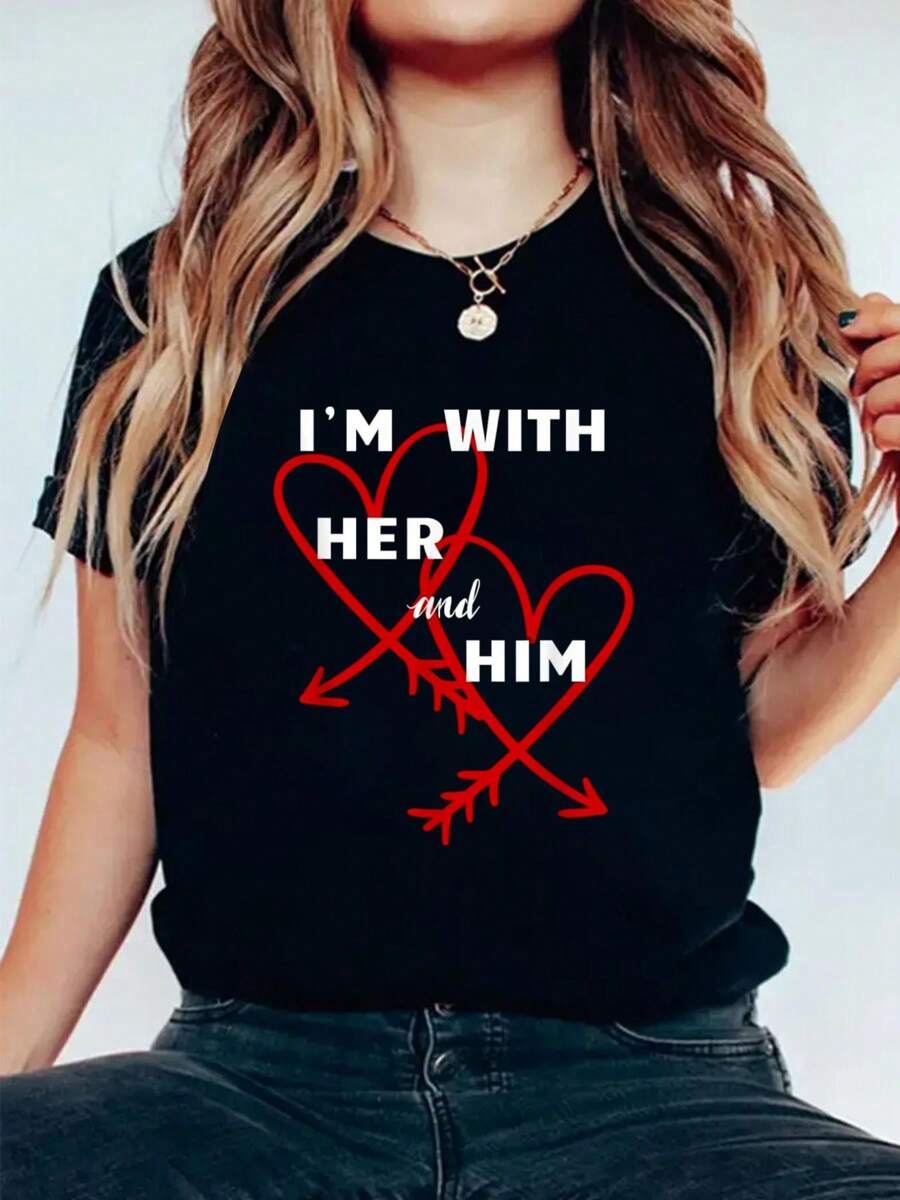 Pride Threelationship Throuple Polyamorous Gift T-Shirt  Print Cotton T-Shirt For Summer, Women's Soft Short Sleeve Top, Stylish Comfy Tee For Women Graphic Tees - 黑色 - 查看 1