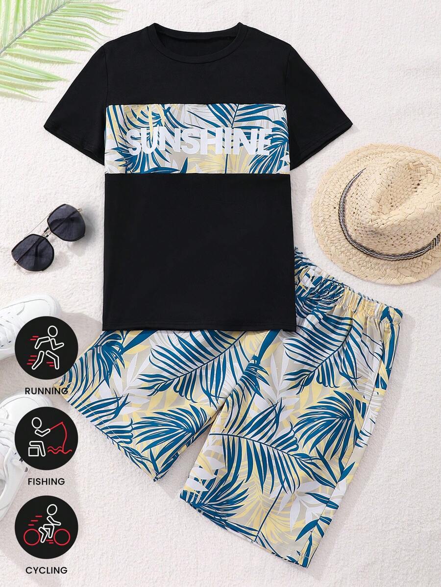 2pcs/Set Tween Boy Fashion Printed Short Sleeve Top & Shorts Set, Spring/Summer - Multicolor - View 1