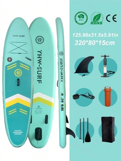 YHW-SURF 1 set grön uppblåsbar ståpaddelbräda, inkluderar kompletta tillbehör - manuell luftpump, avtagbar paddel, koppel, ryggsäck, avtagbar fena och reparationskit, lämplig för män och kvinnor, fritidsaktiviteter, strandtillbehör, strandmadrass