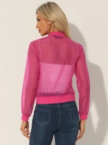 Women's Mesh Sheer Jacket See Through Long Sleeve Zip Up Bomber Jacket - Hot Pink - View 3