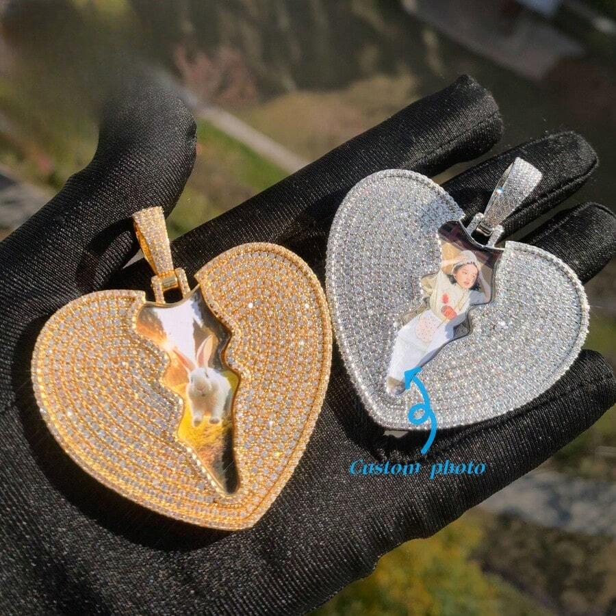 Mặt dây chuyền hình trái tim nứt tùy chỉnh, chất liệu đồng thau đính đá Cubic Zirconia, dây chuyền ảnh tự làm, phong cách Hip Hop, phụ kiện đeo hàng ngày cho cặp đôi, kèm 1 dây chuyền bện. - Nhiều màu - Xem 1