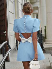 Ladies' Spring/Summer New Style Petal Sleeve Stand Up Collar Back Bow Decoration Slimming Mini Valentine's Day Dress - Baby Blue - View 1