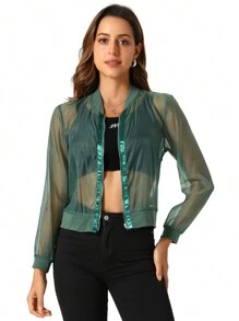 Women's Mesh Sheer Jacket See Through Long Sleeve Zip Up Bomber Jacket - Green - View 1
