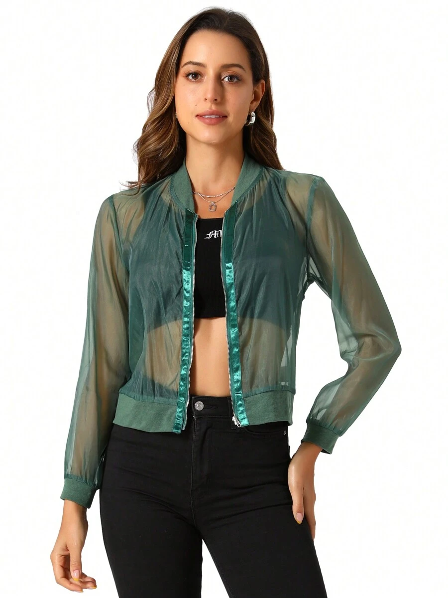 Women's Mesh Sheer Jacket See Through Long Sleeve Zip Up Bomber Jacket - Green - View 1