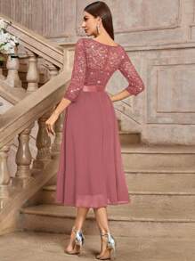MIUSOL Elegant V-Neck Sequin Floral Lace Ruched Chiffon 3/4 Sleeve Evening Party Long Dress