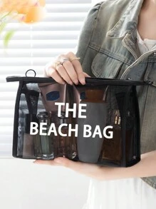 Large Capacity Mesh Bag Set,"The Beach Bag "Pattern Printed Mesh Bag,Mesh Beach Bag Tote Bag ,Mesh Cosmetic Storage Bag,Foldable Swim Large Capacity Beach Bag Waterproof Sandproof,Letter Decor Mesh Beach Tote Women Shoulder Handbag,Personalized Gift Bag, Makeup Bag, Perfect For Beach Vacation, Travel, Shopping, And Vacation Essentials