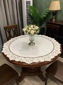 1 块花卉图案桌布，现代涤纶圆形刺绣镂空隔热防尘桌布，适用于圆桌、咖啡桌、日常装饰、婚礼派对装饰，也可用于梳妆台和其他家具 - 淺咖色 - 查看 5