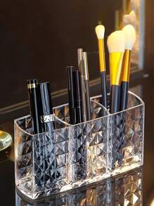1/2pcs Diamond Pattern Acrylic Makeup Organizer - 3 Compartment Clear Makeup Brush Holder And Pen Cup, Suitable For Brushes, Lipsticks, And Pencils - Perfect For Bathroom, Bedroom Vanity, And Office Desk Home Bathroom Decor Bathroom Organizer Summer Makeup Organizer
