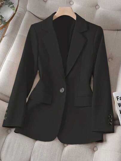 Plus Size Women's Solid Color Turn-Down Collar Long Sleeve Single-Breasted Casual/Business Blazer Jacket, Autumn