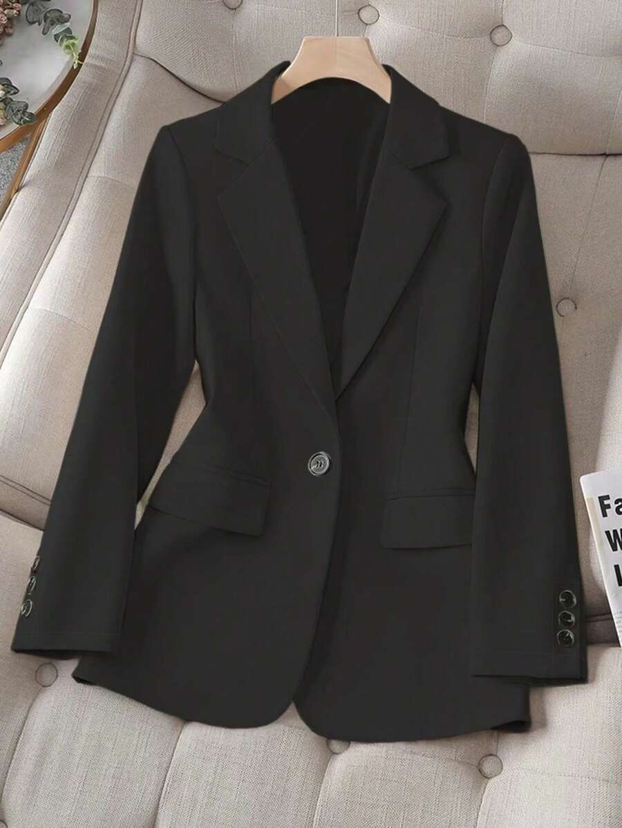 大码女式纯色翻领长袖单排扣休闲/商务西装外套,秋季 - 黑色 - 查看 1