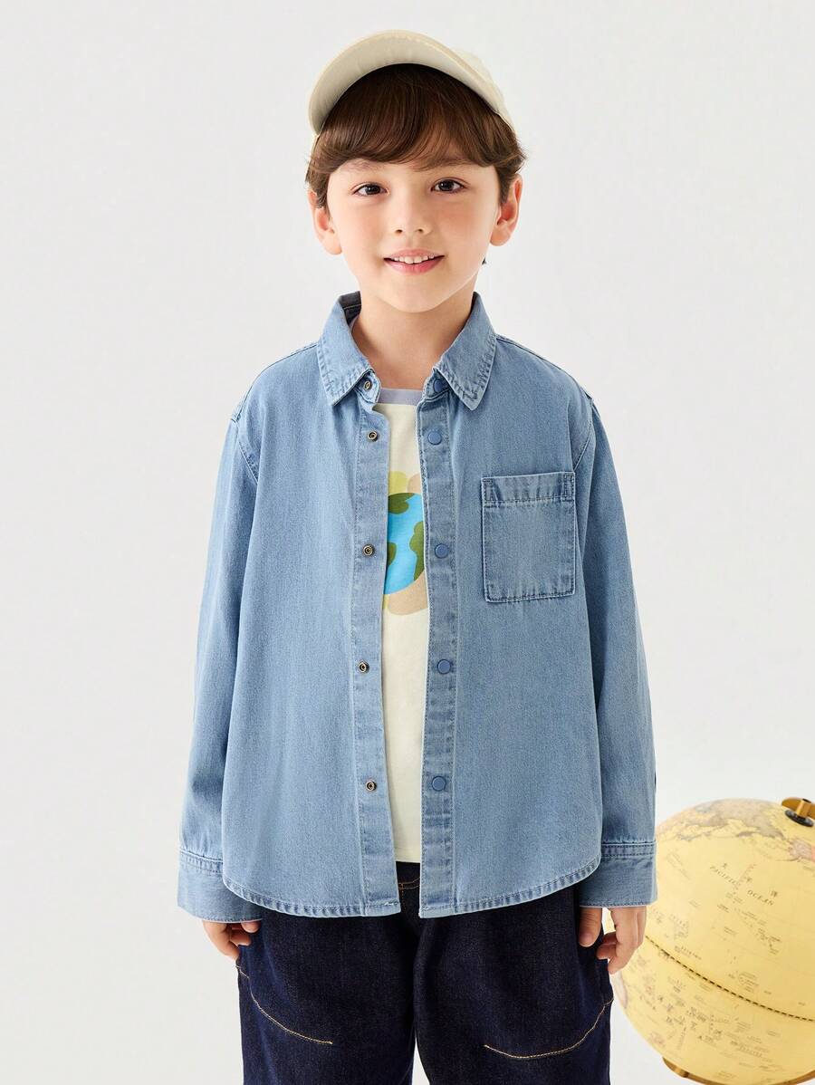 mini bala Boys' Long-Sleeve Shirt, Casual And Stylish Spring Top - Denim Medium Blue - View 1