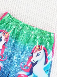 2 Stücke/Set Kleine Mädchen Outdoor Lässig Sport bunte zufällige Streifen & Einhorn Muster Rundhals leichtes Kurzarm T-Shirt mit passenden Shorts Set, Frühling/Sommer