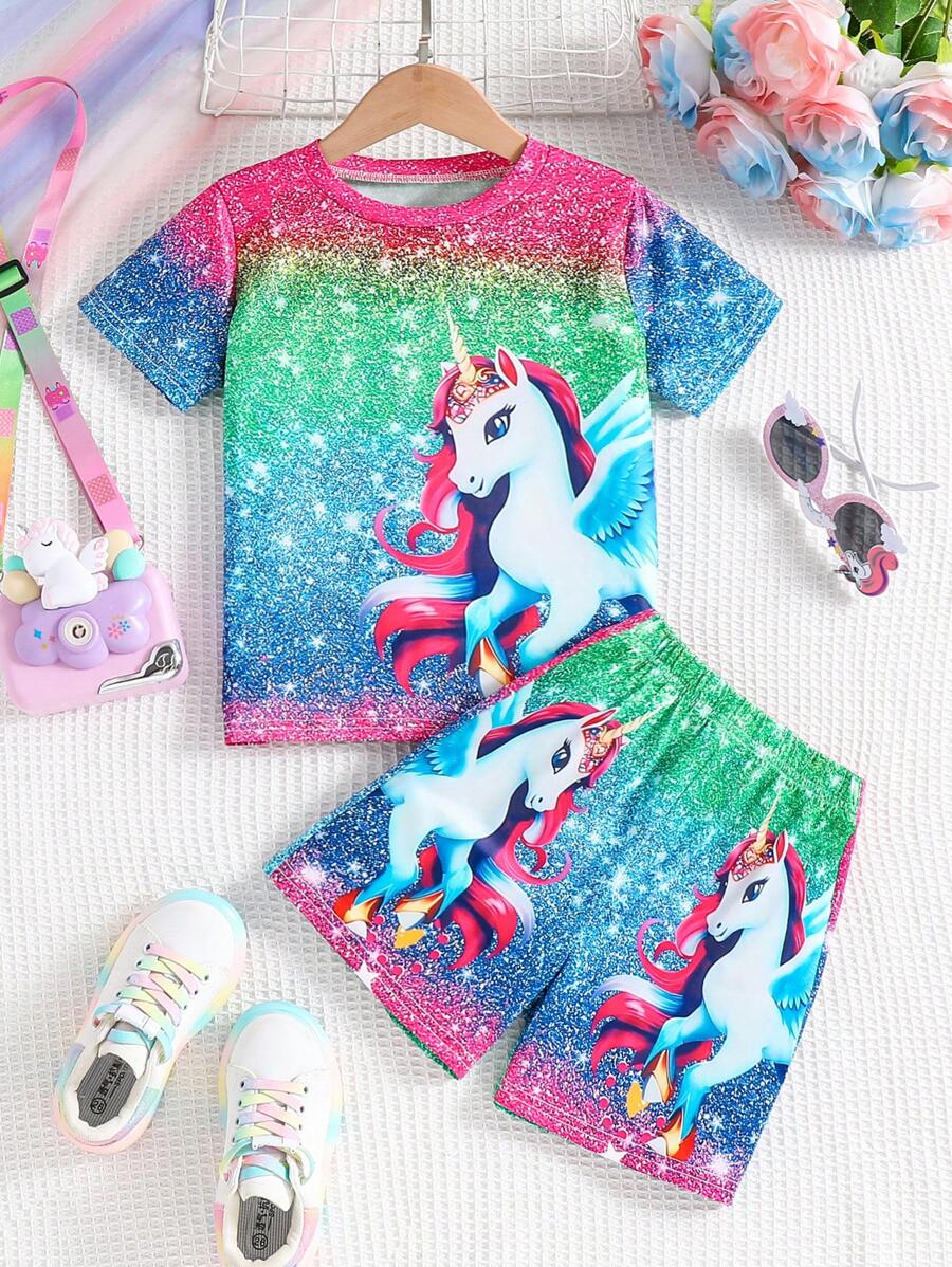 2 Stücke/Set Kleine Mädchen Outdoor Lässig Sport bunte zufällige Streifen & Einhorn Muster Rundhals leichtes Kurzarm T-Shirt mit passenden Shorts Set, Frühling/Sommer