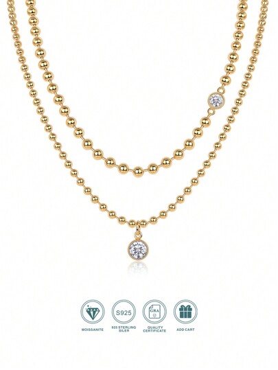 1 pieza Colgante de Collar con Moissanita Redonda de 1 Quilate, Chapado en Oro de 18K Plata de Ley 925, Diseño Elegante Multicapa Apilable, Material Hipoalergénico Sin Níquel, Brillante y Lujoso, Regalo Perfecto para Aniversario, Cumpleaños u Ocasiones Especiales, Incluye Certificado GRA