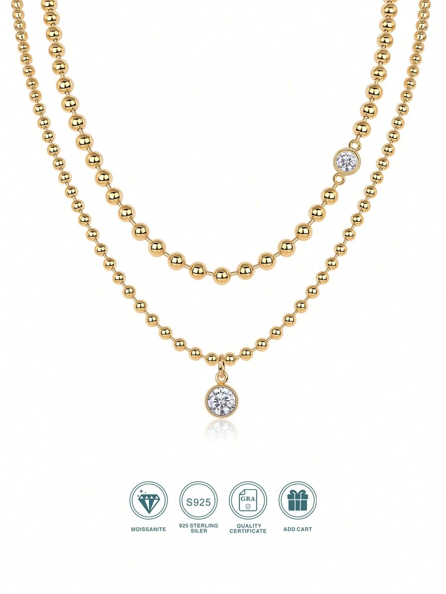1pc 1 Carat Round Moissanite Pendant Necklace, 18K Gold Plated 925 Sterling Silver, Elegant Multi-Layer Stackable Design, Low Allergy Nickel-Free Material, Brilliant & Luxurious, Perfect Gift For Anniversary, Birthday Or Special Occasions, Comes With GRA Certificate