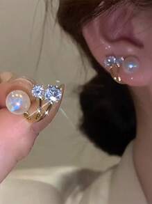 topshiny 1 对简约韩国时尚优雅钻石和珍珠耳钉，适合派对和日常佩戴 - 彩色 - 查看 1