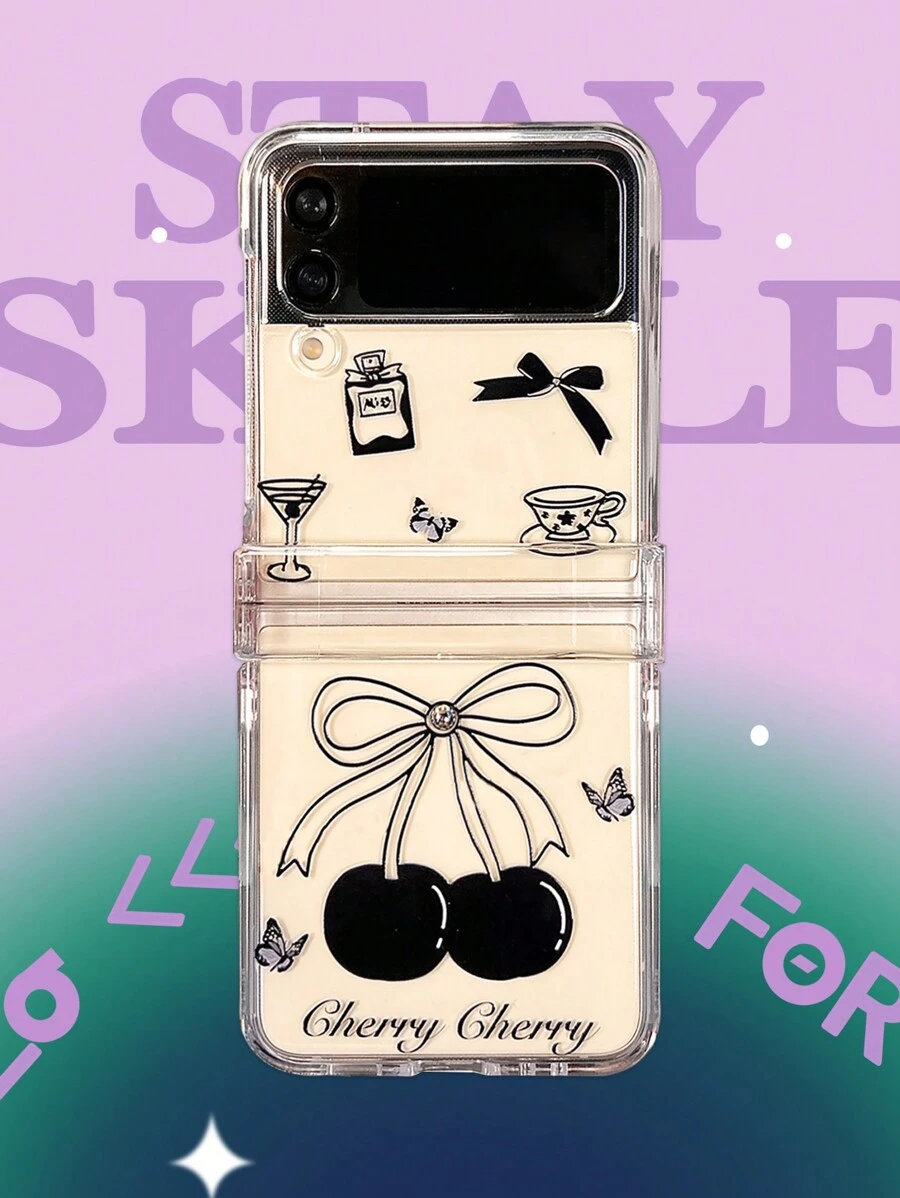 韩国 Y2K 3D 银珠黑樱桃涂鸦手机壳适用于三星 Galaxy ZFlip 6 5 4 5G 硬壳甜美酷女孩外壳﻿
