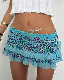 Women Low Waisted Leopard Print Mini Skirt Sexy Ruffle Lace Edge Mini Skirt Skorts - 藍色 - 查看 1