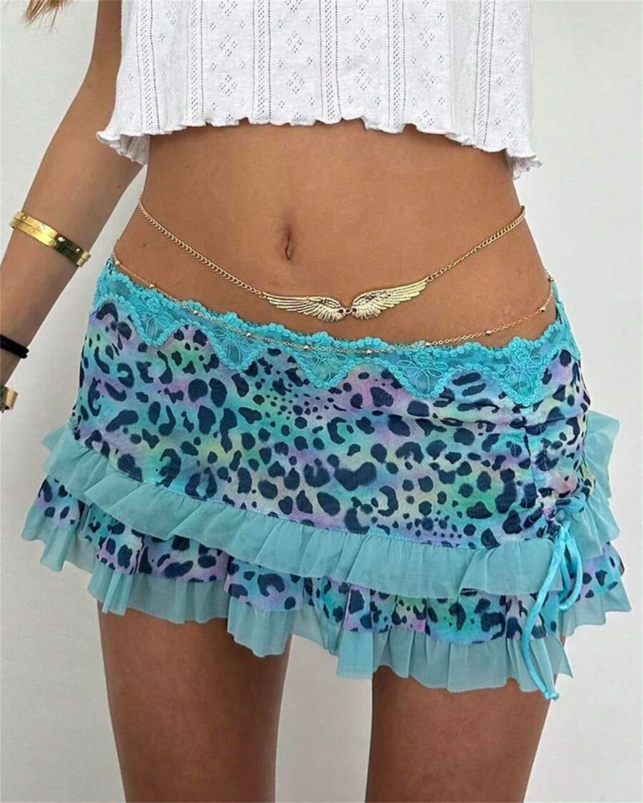 Women Low Waisted Leopard Print Mini Skirt Sexy Ruffle Lace Edge Mini Skirt Skorts - 藍色 - 查看 1