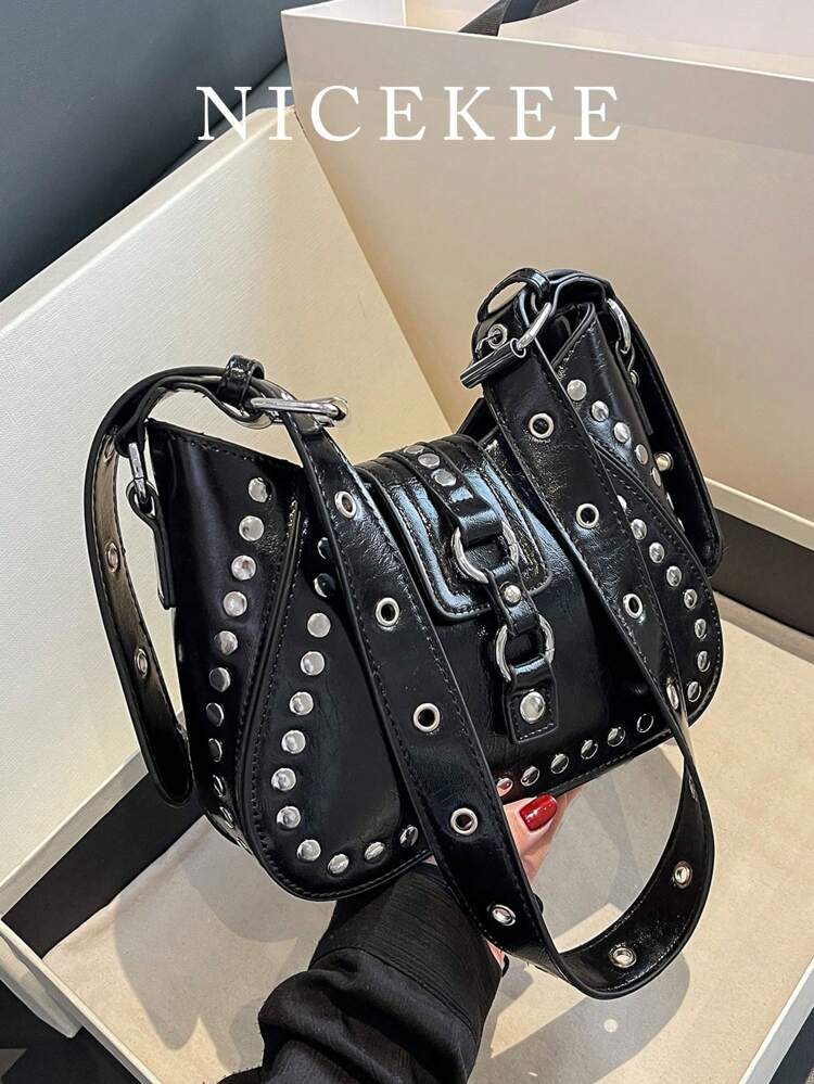 Fashionable And Versatile Shoulder Bag, Unique Design With Solid Color Rivet Decoration, Adjustable Shoulder Strap, Elegant And Stylish Crossbody Bag, Suitable For Street Photography, Parties, Commuting, Outings, Dates And Shopping.