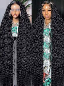 Uveous 13x4 Curly Wig Human Hair 42 Inch Deep Wave Lace Front Wigs Human Hair 250_Density Wet And Wavy Lace Front Wigs Human Hair Pre Plucked 13x6 Deep Wave Wig For Women With Baby Hair 5x5 Put On And Go Glueless Wigs Human Hair Halloween Season - Natural Black - 查看 1