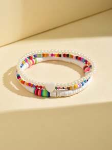 3pcs/Set Bohemian Style Fashion Versatile Random Color Soft Ceramic Glass Beaded Faux Pearl Heart Shape Anklet Set, Suitable For Daily Wear For Women