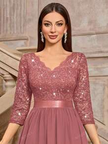 MIUSOL Elegant V-Neck Sequin Floral Lace Ruched Chiffon 3/4 Sleeve Evening Party Long Dress