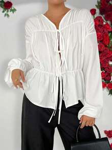 Women's Elegant Ruched Bowknot Solid Color Shacket, Fashion For Commuting, Autumn - Beige - View 3