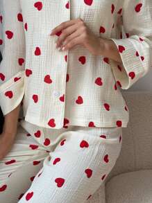 Womens Pajama Sets Cotton Pj Set Cute Heart Print Long Sleeve Button Down Shirt With Long Pants - trắng - Xem 3