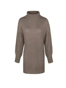 Women's Lightweight Turtleneck Sweater Dress, Casual Elegant Ribbed Knit Long Sleeve Mid-Length Dress, Nutmeg Color - Coffee Brown - View 3