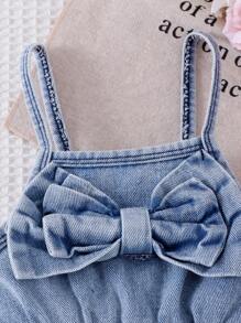 Baby Girl Denim Jumpsuit With Bow Decor, Backless Design, Waist Cinched, Shorts Style