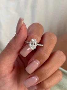 1枚925纯银闪亮椭圆形订婚戒指/结婚戒指，女士承诺戒指/永恒戒指，精致珠宝礼品 - 銀色 - 查看 4