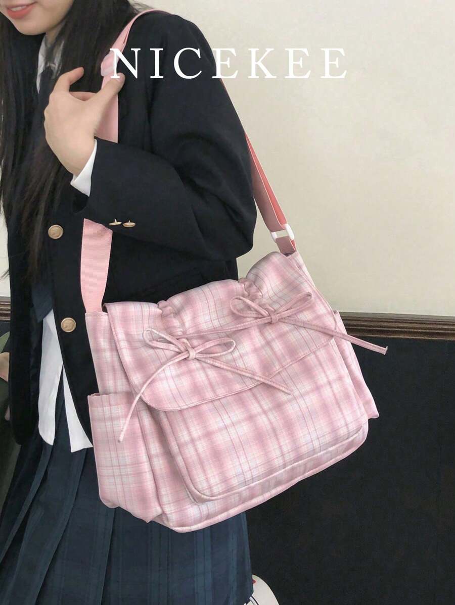 New Classic Ballet Style Sweet Bow Crossbody Bag Simple Fashion Sweet Elegant Plaid Large Capacity Adjustable Shoulder Strap Shoulder Bag Suitable For Commuting Students To Class Valentine's Day Gift. - Multicolor - View 1