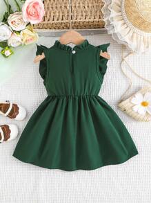 Baby Girls' Casual Cute Graphic Print Ruffle Trim Bowknot Waist Summer Dress, Daily Wear - Dark Green - View 2