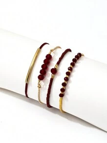 Set 4 Buah Gelang Manik-Manik Kristal Burgundy Modis Buatan Tangan, Perhiasan Pesta Liburan Fashion Wanita, Hadiah - Merah - View 2