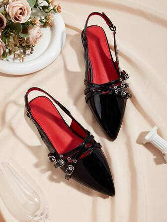 女式黑色闪亮金属扣带装饰平底露跟乐福鞋